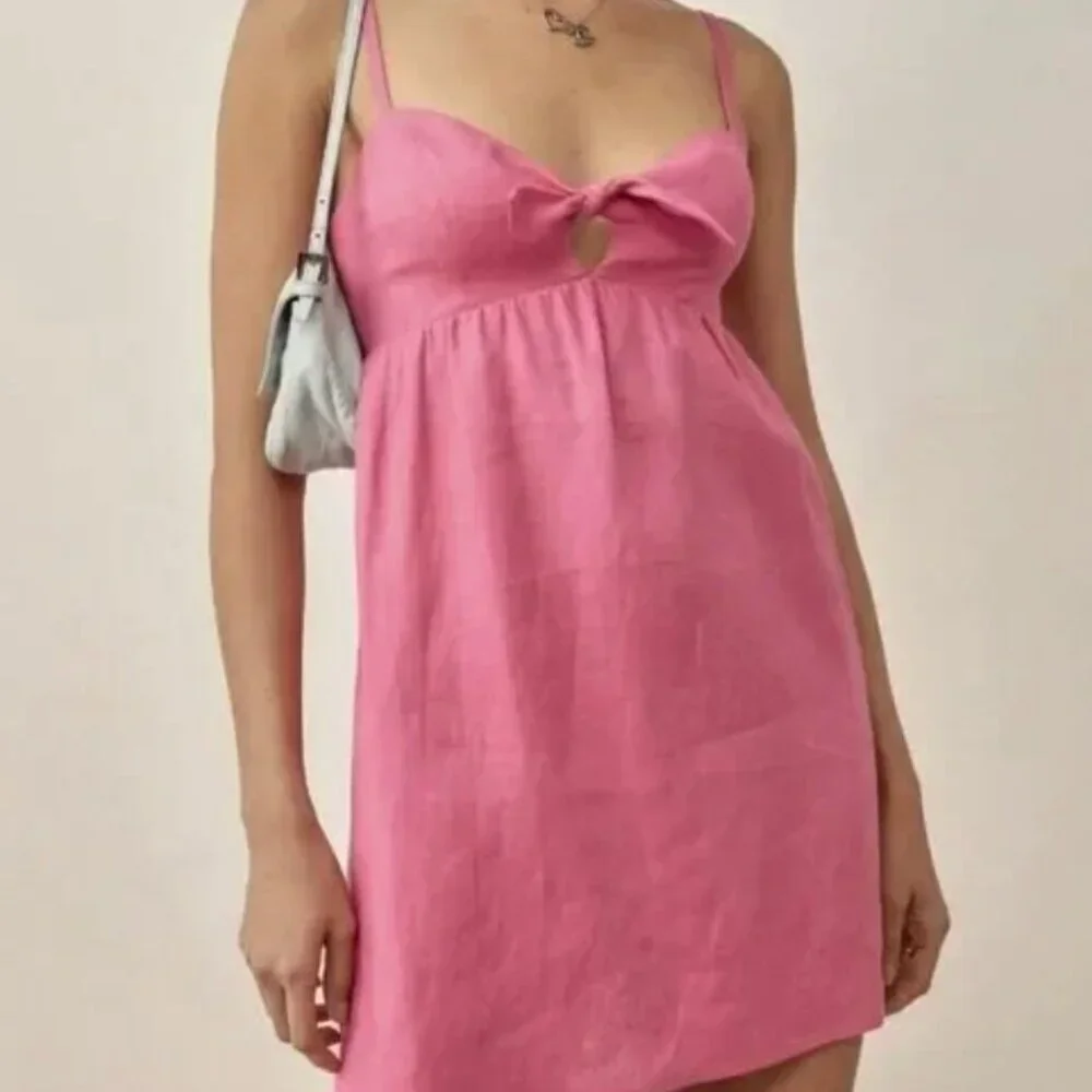 Reformation Ryland Linen Mini Dress Pink Bow Tie Front Slip Dress Size 6 - Picture 2 of 10